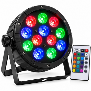 Proiector LED PAR RGB 12W, 12 LED x 1W, DMX512, Telecomandă, Activare la Sunet, Mod Automat, Master-Slave, Stroboscop, AC 90–240V, 50/60Hz