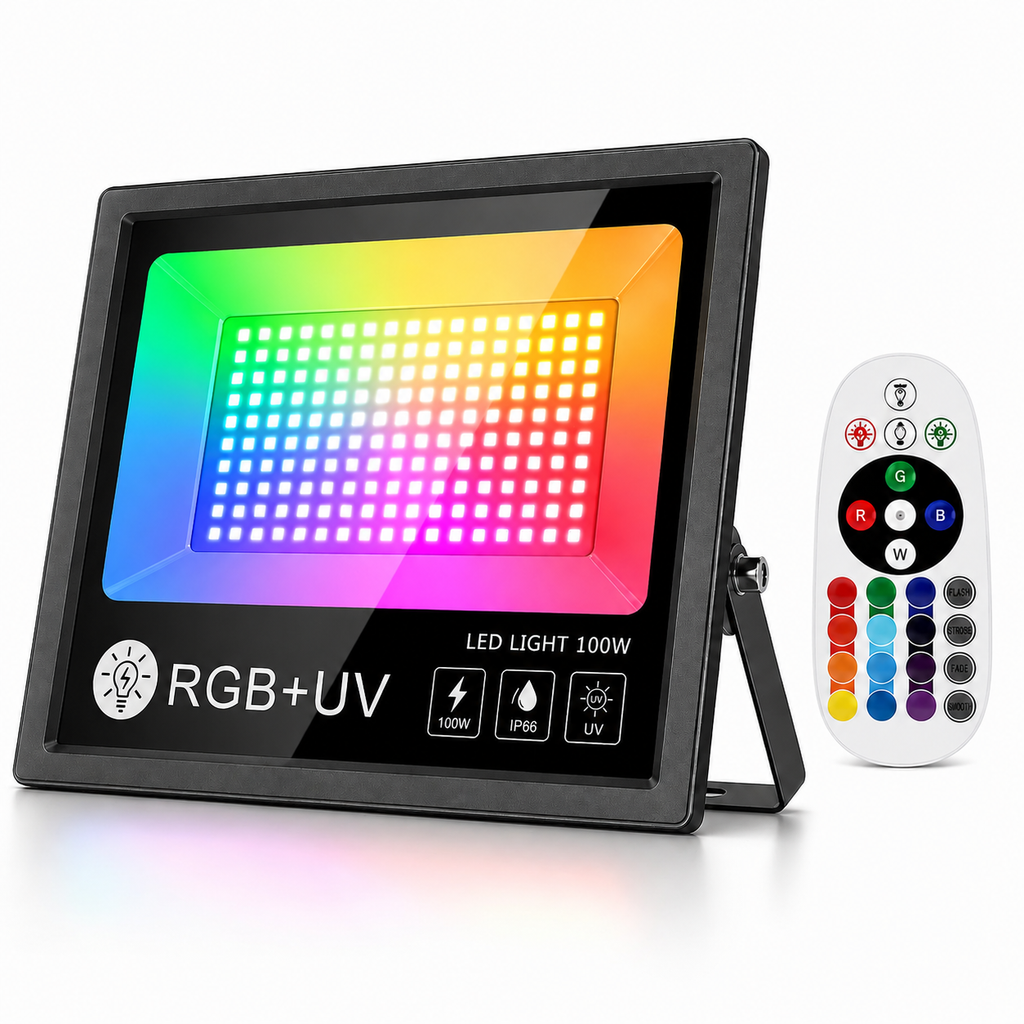 Proiector LED RGB 100W cu Telecomandă, Impermeabil IP66, 16 Culori, pentru Iluminat Exterior Grădină, Terasă și Fațade