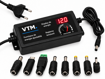 Alimentator Reglabil VTM. 3–12V DC, 10A, 120W Max, Afisaj Digital, Reglaj Manual, Set 8 Mufe Adaptoare