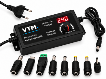 Alimentator Reglabil VTM. 3-24V DC 5A, 120W, Afisaj Digital, Reglaj Tensiune, Set 8 Mufe Adaptoare