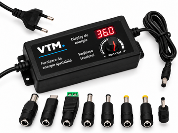 Alimentator Reglabil VTM. 9-36V DC, 3A, Afisaj Digital, Reglaj Manual, Set 8 Mufe Adaptoare, Universal