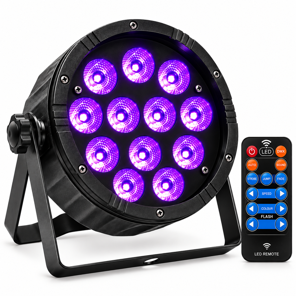 Proiector LED PAR Profesional cu 12 LED-uri UV, Control DMX512, Sound Active, Stroboscop și Master-Slave pentru Petreceri Fluorescente și Evenimente