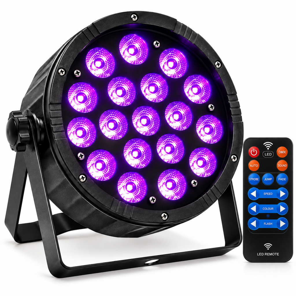 Proiector LED PAR Profesional cu 18 LED-uri UV, Control DMX512, Sound Active, Stroboscop și Master-Slave pentru Petreceri Fluorescente și Evenimente