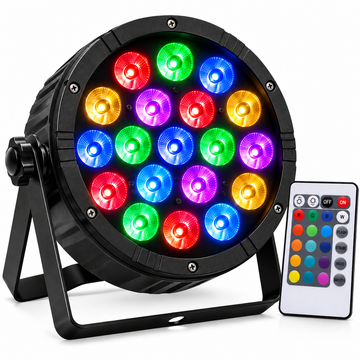 Proiector LED PAR RGB 18 LED, 18W, DMX512, Telecomandă, Activare la Sunet, Mod Automat, Master-Slave, Stroboscop, AC 90–240V