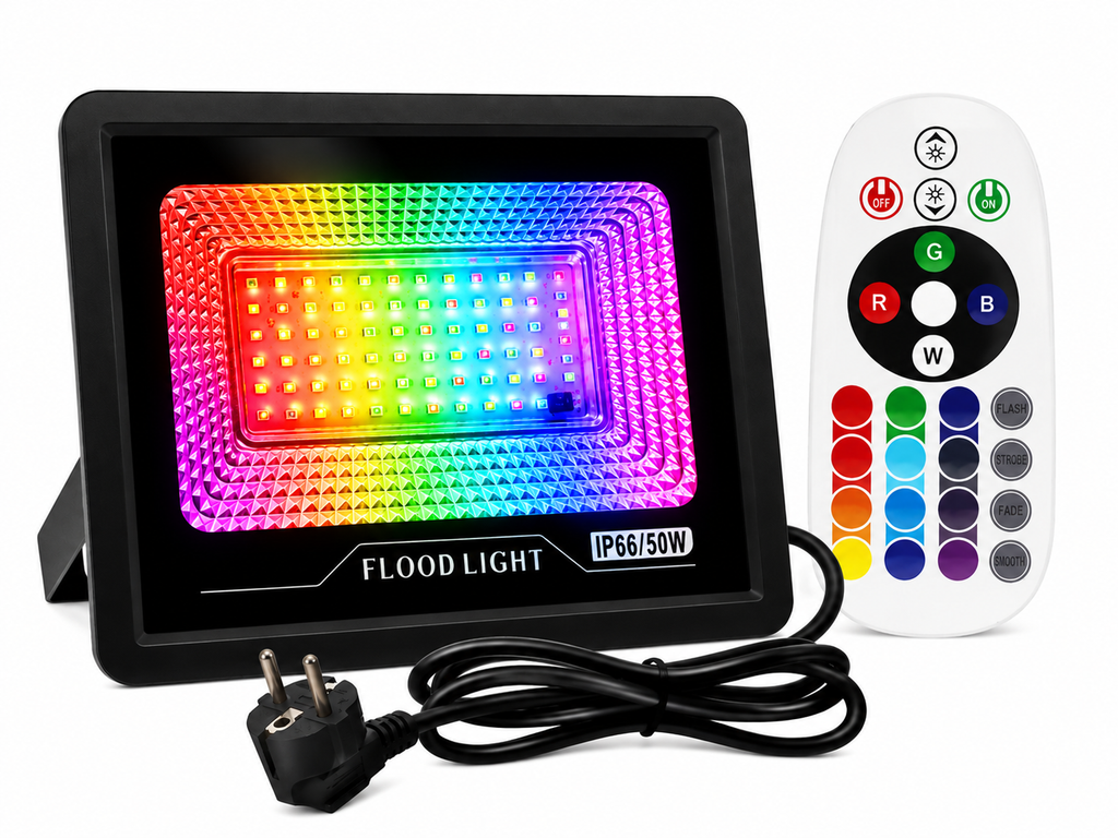Proiector LED RGB 50W, IP66, cu Telecomandă 24 Taste, Multicolor, Rezistent la Apă, Iluminat Exterior/Interior