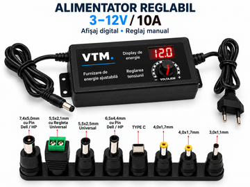 Alimentator Reglabil VTM. 3–12V DC, 10A, 120W Max, Afisaj Digital, Reglaj Manual, Set 8 Mufe Adaptoare