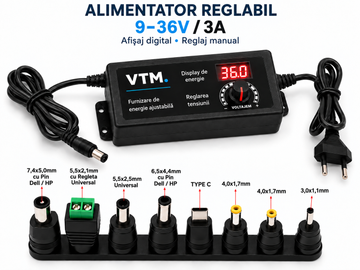 Alimentator Reglabil VTM. 9-36V DC, 3A, Afisaj Digital, Reglaj Manual, Set 8 Mufe Adaptoare, Universal