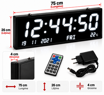 Ceas Digital LED VTM. JH7526, Cifre Albe, 75 x 26 x 4 cm, Telecomandă, Temperatură, Dată, Ziua Săptămânii, Luminozitate Reglabilă, Alimentare 5V