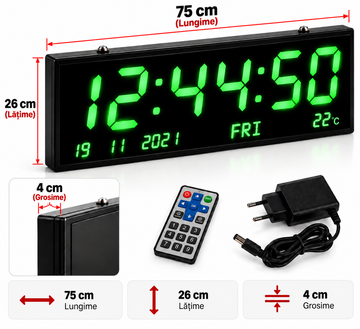 Ceas Digital LED de Perete VTM. JH7526, 75 × 26 × 4 cm, Afișaj Verde, Ora, Data, Ziua și Temperatura, Telecomandă
