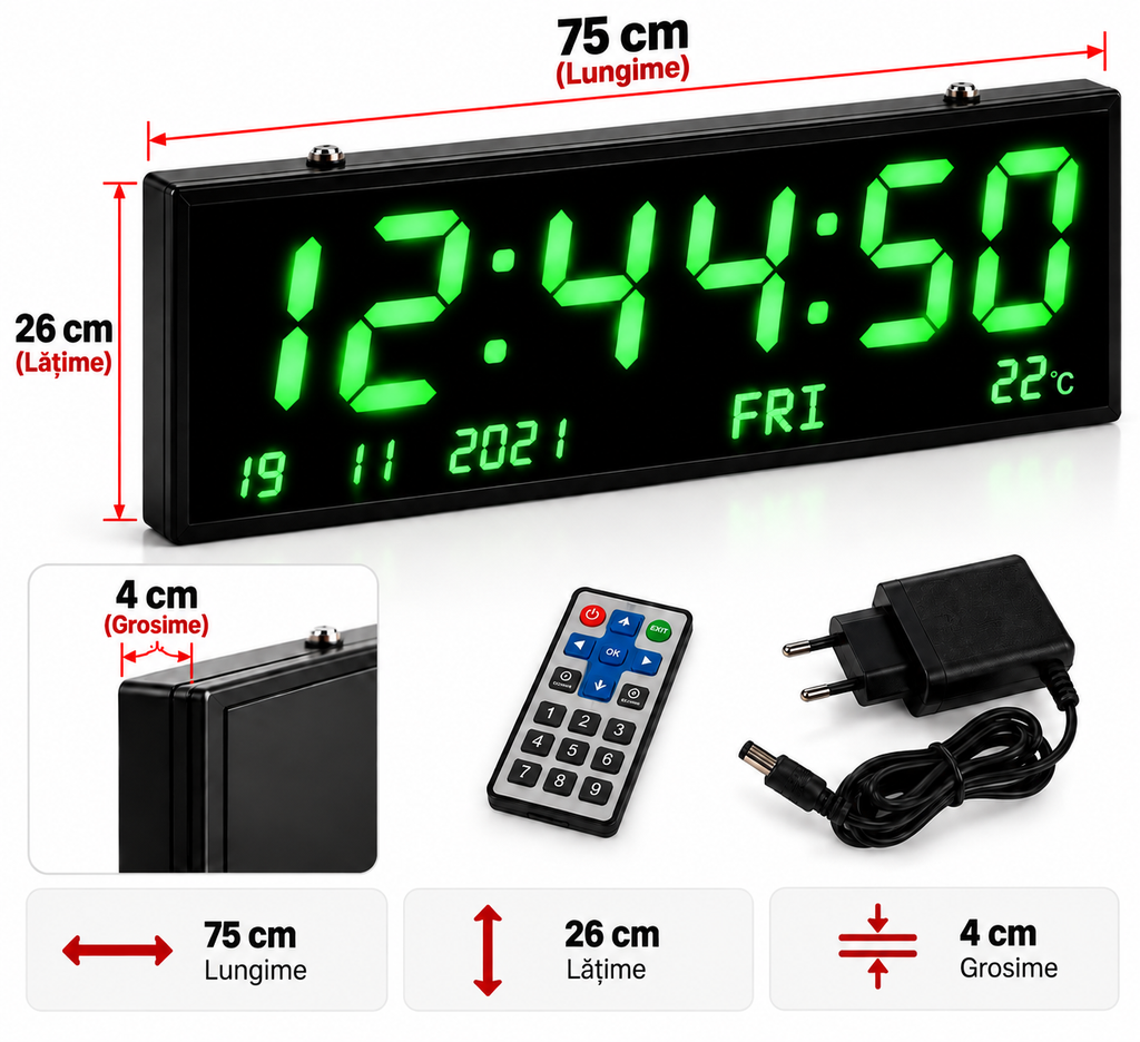 Ceas Digital LED de Perete VTM. JH7526, 75 × 26 × 4 cm, Afișaj Verde, Ora, Data, Ziua și Temperatura, Telecomandă