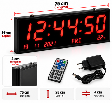 Ceas Digital LED de Perete VTM. JH7526, 75 × 26 × 4 cm, Afișaj Roșu, Ora, Data, Ziua și Temperatura, Telecomandă