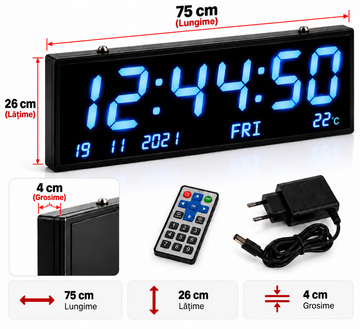 Ceas Digital LED de Perete VTM. JH7526, 75 × 26 × 4 cm, Afișaj Albastru, Ora, Data, Ziua și Temperatura, Telecomandă