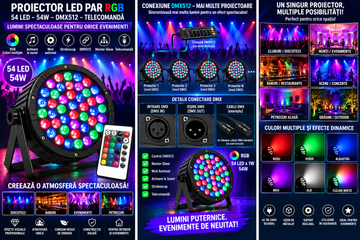 Proiector LED PAR RGB 54 LED x 1W, 54W, DMX512, Telecomandă, Activare la Sunet, Mod Automat, Stroboscop, Master-Slave, AC 90–240V