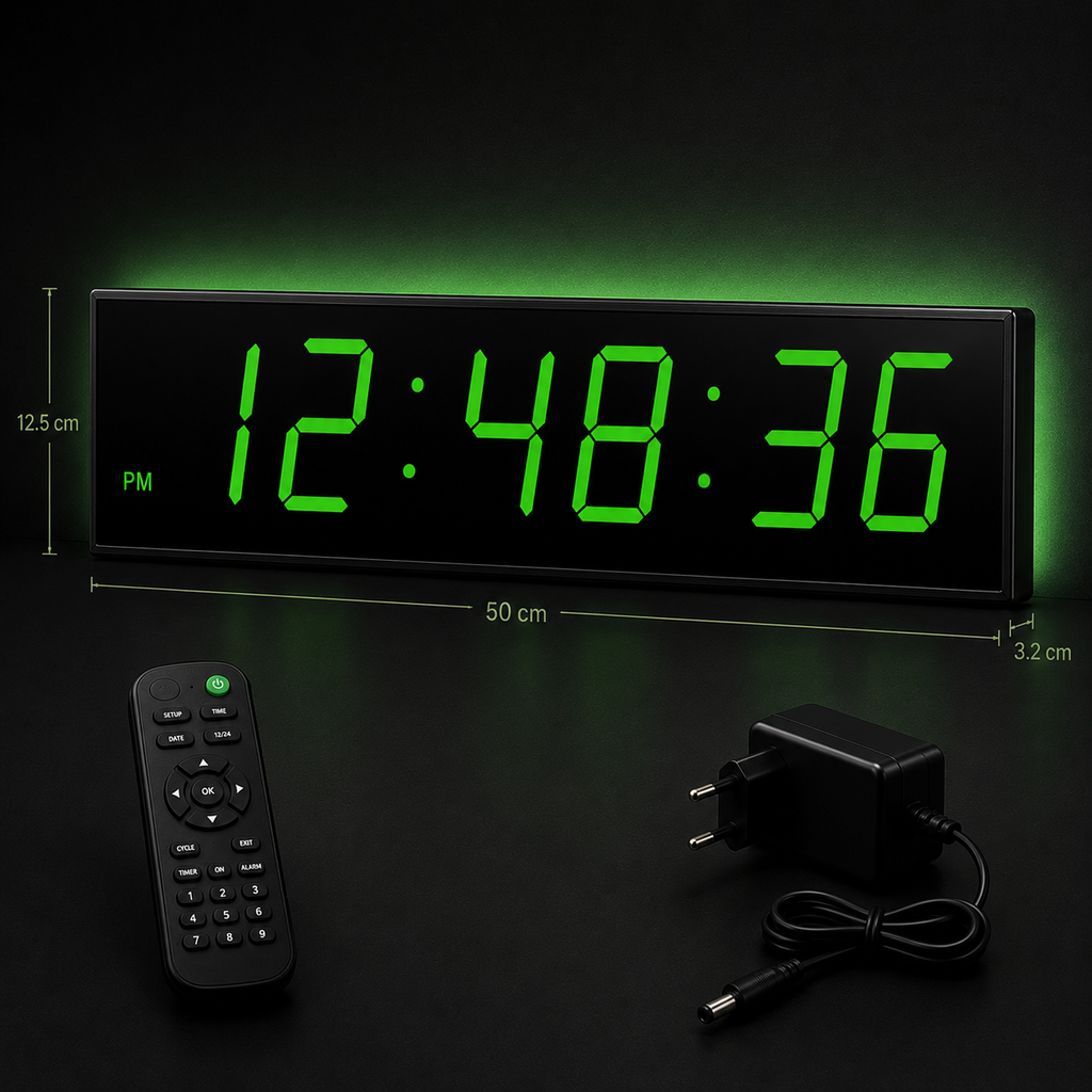Ceas Digital LED 50cm cu Afișaj Verde și Telecomandă – Alarmă, Cronometru și Temporizator pentru Sală de Sport, Birou sau Acasă