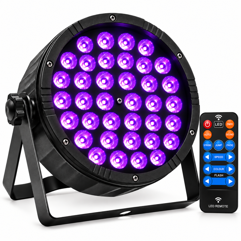 Proiector LED PAR Profesional cu 36 LED-uri UV, Control DMX512, Sound Active, Stroboscop și Master-Slave pentru Petreceri Fluorescente și Evenimente