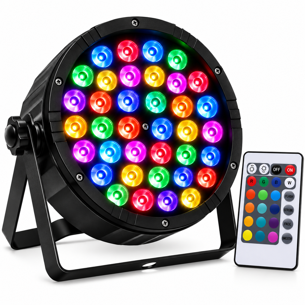 Proiector LED PAR RGB 36W, 36 LED x 1W, DMX512, Telecomandă, Activare la Sunet, Mod Automat, Stroboscop, Master-Slave, AC 90–240V