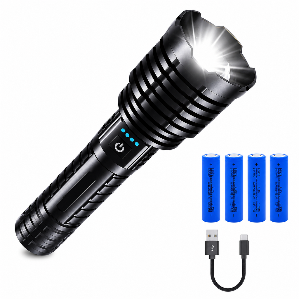Lanterna Profesională VTM® cu LED, Încărcare Type-C și 4 Acumulatori Incluși – Iluminare pe 1500m, 27cm, Neagră pentru Pescuit, Camping, Vânătoare și Protecție