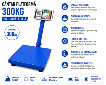 Cântar Digital Profesional 300kg cu Afișaj LCD – Cântar cu Structură Metalică pentru Utilizare în Magazin sau Industrie
