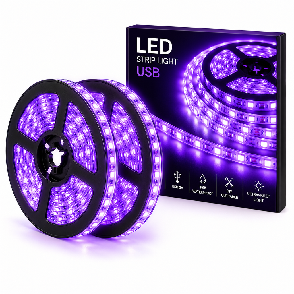 Banda LED UV 10 m (2x5 m), 12V DC, 60 LED-uri/m, 385–400 nm, Lumina Ultraviolet UV-A, IP20, pentru Interior, Petreceri, Decor si Efecte Fluorescente