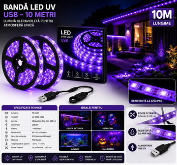 Set 2 Benzi LED UV 10m Total, Alimentare 220V, Impermeabile IP65, Decupabile