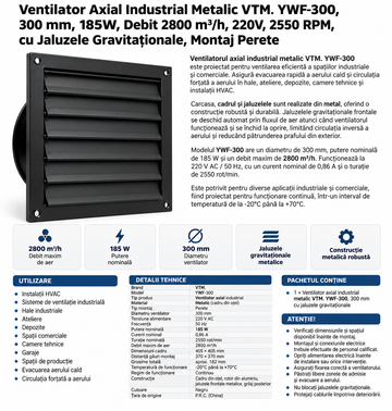 Ventilator Axial Industrial Metalic VTM. YWF-300, 300 mm, 185W, Debit 2800 m³/h, 220V, 2550 RPM, Jaluzele Gravitaționale, Montaj Perete