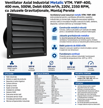 Ventilator Axial Industrial Metalic VTM. YWF-400, 400 mm, 500W, Debit 6500 m³/h, 220V, 2350 RPM, Jaluzele Gravitaționale, Montaj Perete