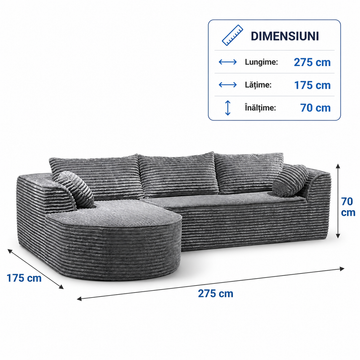 Colțar Modular Frize cu Spumă Densă, Șezlong Stânga, Design Modern, 275x175x70 cm, Gri Antracit