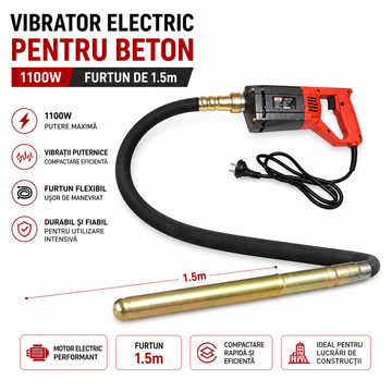 Vibrator Electric pentru Beton 1100W cu Furtun de 1.5m – Unelte Profesionale pentru Construcții și Finisaje