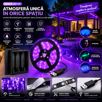 Bandă LED UV Flexibilă 5m cu Alimentare pe Baterii, 395nm, Impermeabilă, pentru Petreceri și Decor