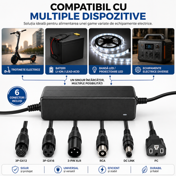Încărcător Li-ion 42V/2A cu 5 Capete de Conectare – Compatibil cu Trotinete Electrice, Biciclete, Hoverboard și Scooter, Culoare Neagră