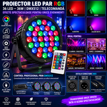 Proiector LED PAR RGB 36W, 36 LED x 1W, DMX512, Telecomandă, Activare la Sunet, Mod Automat, Stroboscop, Master-Slave, AC 90–240V