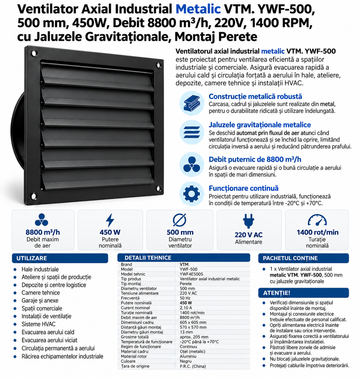 Ventilator Axial Industrial Metalic VTM. YWF-500, 500 mm, 450W, Debit 8800 m³/h, 220V, 1400 RPM, Jaluzele Gravitaționale, Montaj Perete
