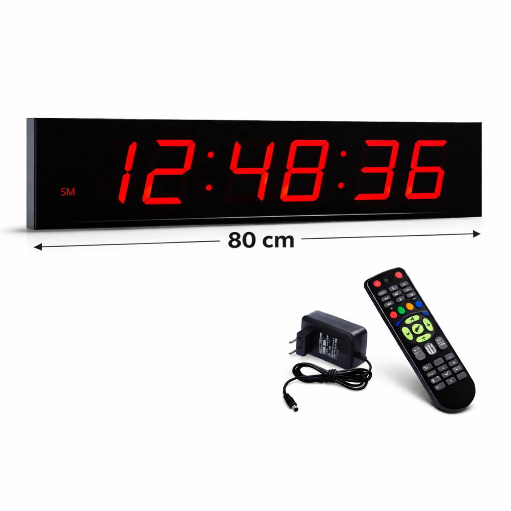 Nagy digitális asztali és falióra piros LED fénnyel, ébresztővel, stopperórával, távirányítóval, időzítővel, tökéletes edzőtermekhez 80x23x8cm