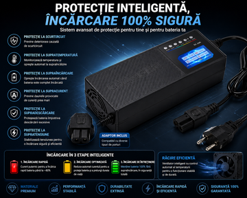 Încărcător Inteligent 48V 20Ah pentru Biciclete și Trotinete Electrice – Compatibil cu Baterii Plumb-Acid, Protecție Smart și Încărcare Rapidă