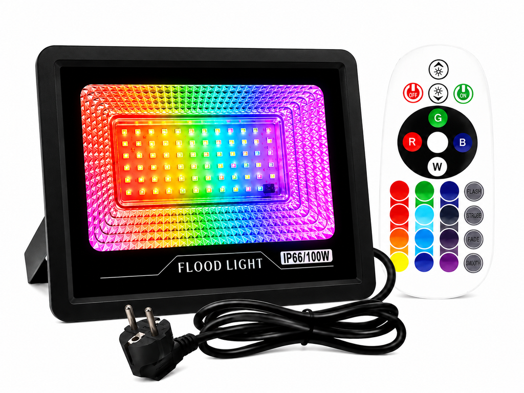 Proiector LED RGB 100W, IP66, cu Telecomandă 24 Taste, Multicolor, Rezistent la Apă, Iluminat Exterior/Interior