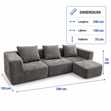 Colțar Modular Frize cu Spumă Densă, Design Modern, 240x150x70 cm, Gri Antracit