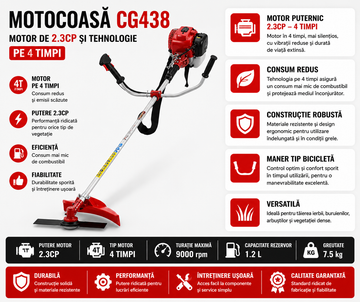 Motocoasă CG438 cu Motor de 2.3CP și Tehnologie pe 4 Timpi – Echipament de Tăiere pentru Grădinărit și Întreținerea Spațiilor Verzi