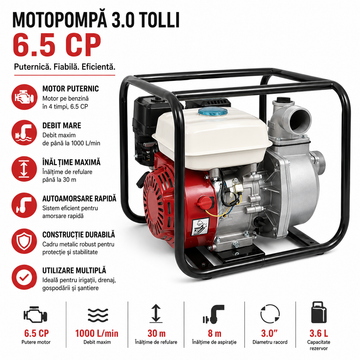 Motopompă 3.0 Tolli cu 6.5 CP – Echipament de Pompă pentru Irigații, Construcții și Aplicații Agricole