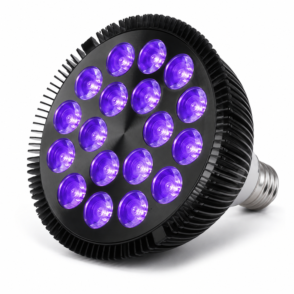 Bec LED UV E27 36W, Lumină Ultravioletă 395-400nm, IP65, Radiator Aluminiu, pentru Detectare Fluorescență și Efecte Luminoase