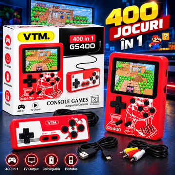 Consolă Portabilă Gaming VTM. GS400 – 400 Jocuri Incluse, Conectare la TV, Controller Suplimentar, Baterie Reîncărcabilă