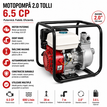 Motopompa Toli 2.0 cu Putere de 6.5 CP – Soluție Eficientă pentru Irigații și Alimentare cu Apă