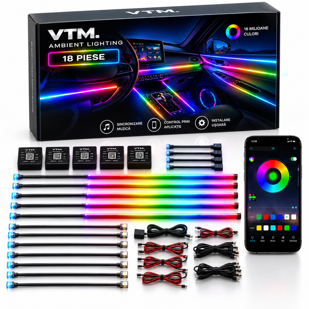 Kit Lumini Ambientale LED RGB Auto 18 Piese cu Aplicație – Iluminare Interior Mașină Multicoloră Premium