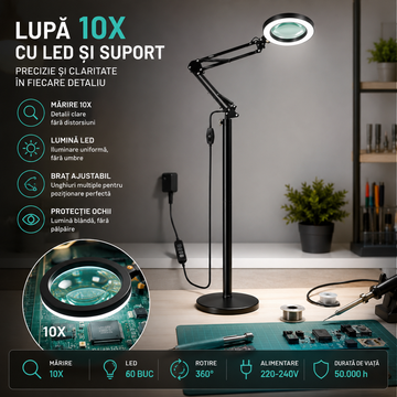 Lampă LED Profesională cu Lupă 10X, Iluminare LED Reglabilă, Braț Articulat și Suport Stabil pentru Cosmetică, Electronică, Manichiură și Lucrări de Precizie