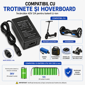 Încărcător Electric 42V 2A pentru Trotinete Electrice și Hoverboard – Culoare Neagră, Ideal pentru Încărcarea Rapidă