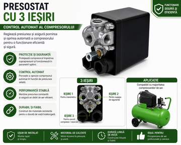 Presostat pentru Compresor 380V cu 3 Ieșiri – Dispozitiv de Control pentru Sisteme Pneumatice