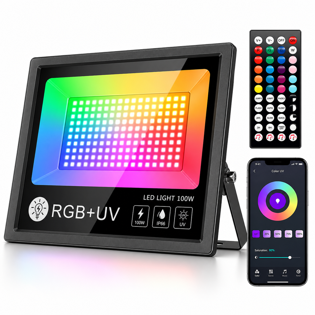 Proiector LED Inteligent RGBCW 100W cu Aplicație Tuya și Telecomandă – Rezistent la Apă pentru Interior/Exterior, Control prin Internet și Sincronizare Muzicală