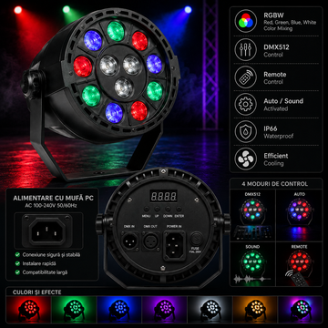 Proiector LED PAR Profesional cu 54 LED-uri RGBW, Control DMX512, Sound Active, Stroboscop și Master-Slave pentru Scene, Cluburi și Evenimente