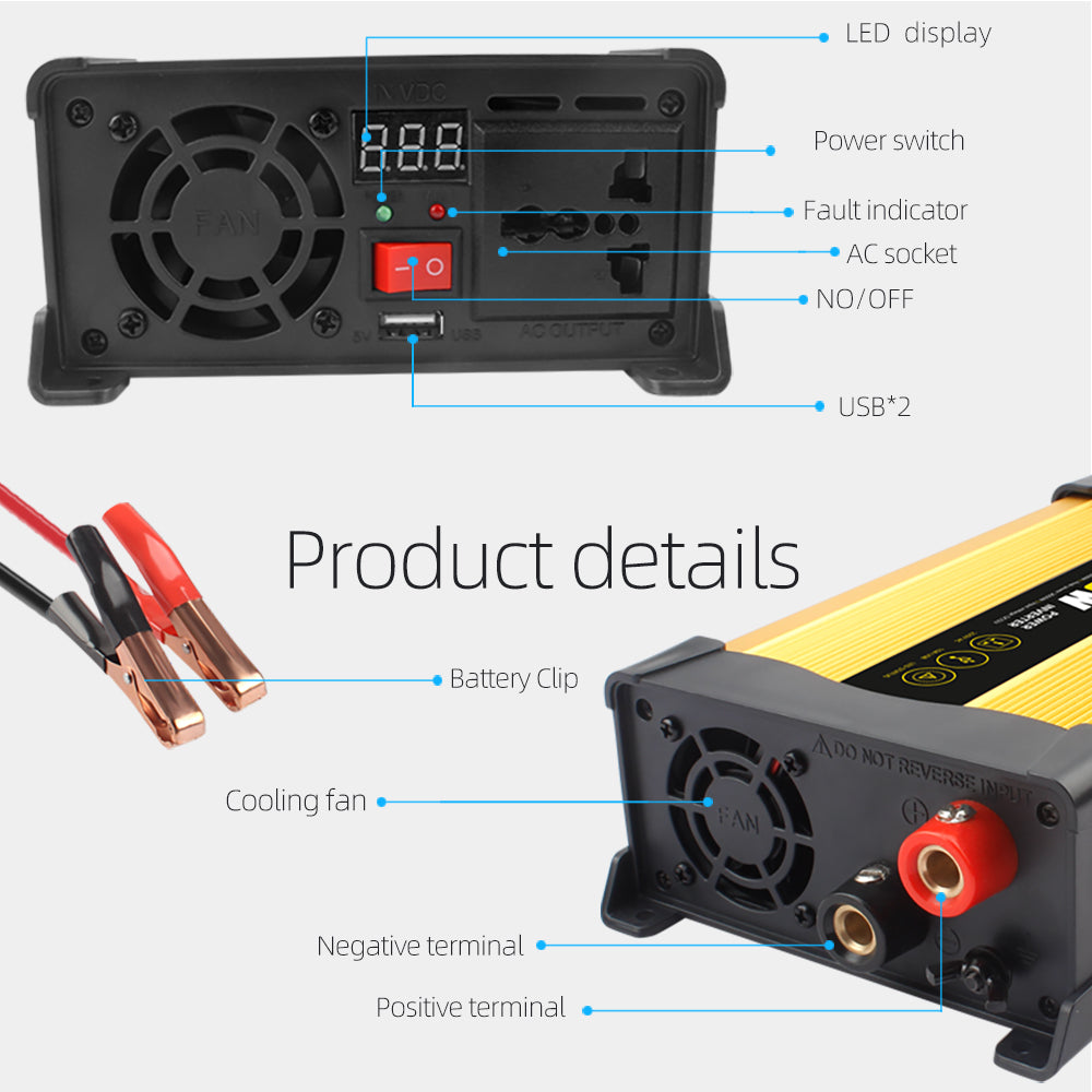 Invertor Auto 1500W 12V–220V, Priză AC și Port USB, Convertor Curent Puternic pentru Mașină, Camper și Rulotă, Ventilator de Răcire, Protecții Multiple