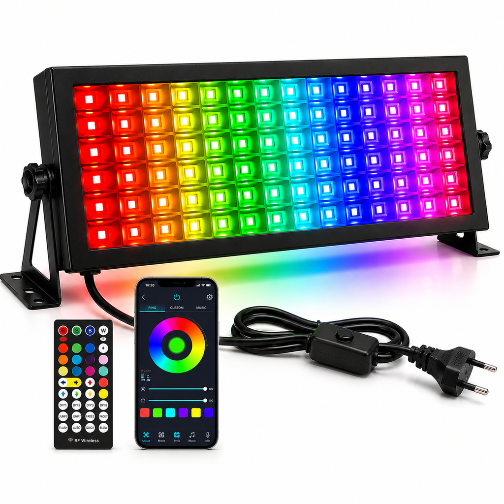 Proiector LED Inteligent RGBCW 72W Negru cu Control prin Aplicație și Telecomandă – Proiector Rezistent la Apă pentru Iluminat Ambiental Interior și Exterior