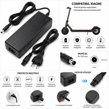 Încărcător Inteligent Li-Ion 42V/2A pentru Trotinete Electrice, Hoverboard, Skateboard Electric și Scooter – Culoare Neagră
